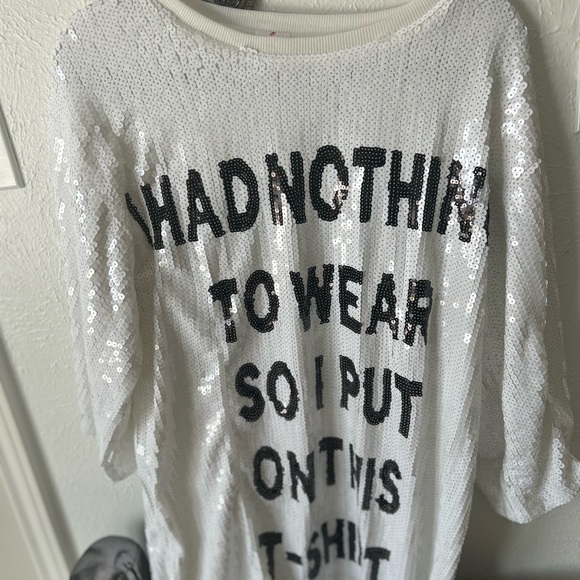 White Sequin T-Shirt with Black Text - Picture 3 of 4